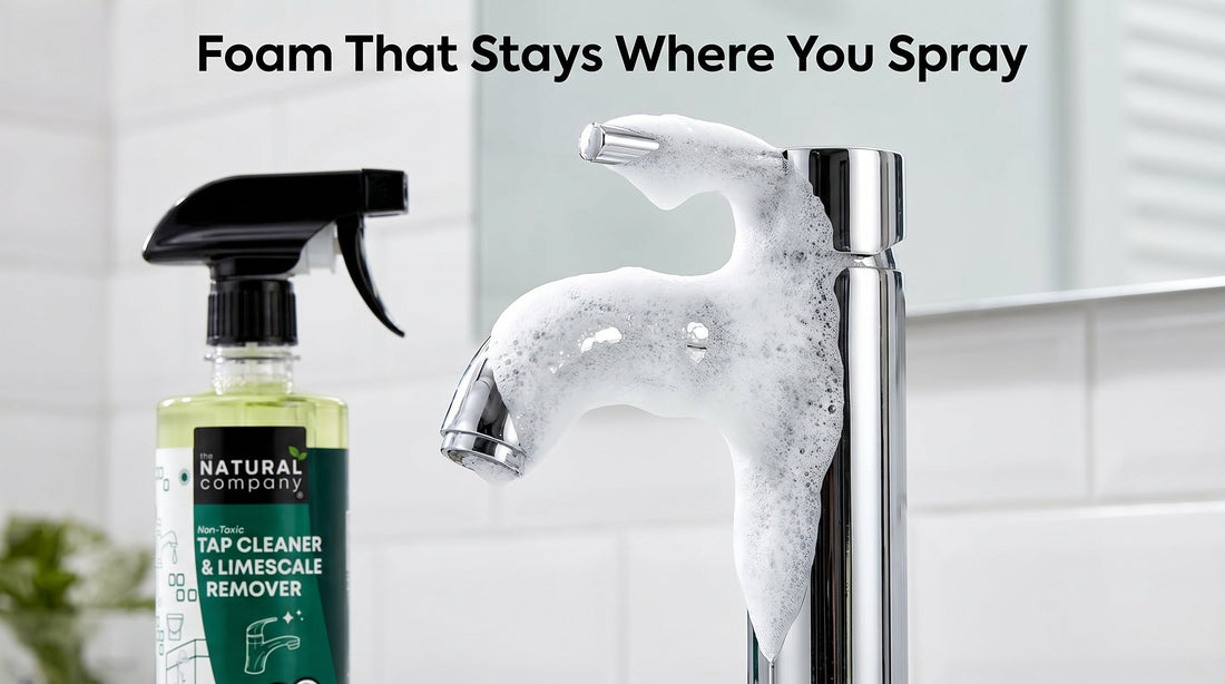 The Natural Company Tap Cleaner foam clinging to a tap — removes limescale in seconds