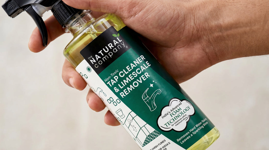 The Natural Company Tap Cleaner removes hard water stains from kitchen sink and faucet